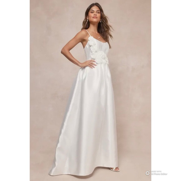 Lulus XL Dreamy Forever White Taffeta Rosette Wedding Dress With Pockets NWT - Picture 6 of 17